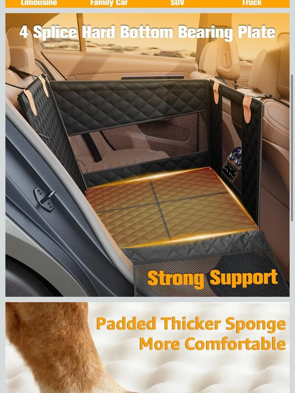 Black Quilted Dog Car Seat and Seat Extender and Safety Barrier for Back Seat